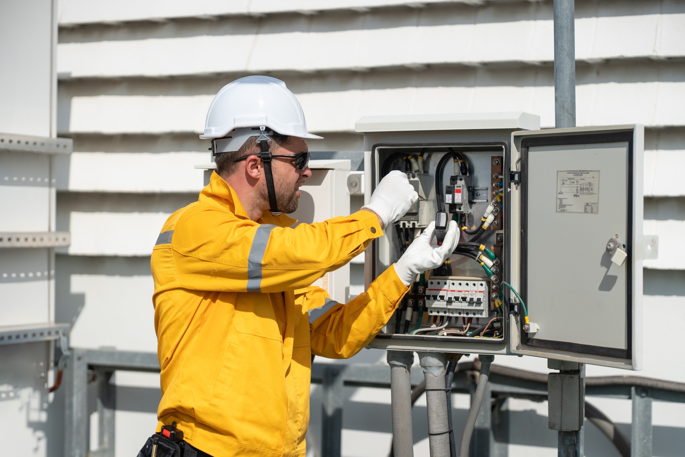 Electrician inspecting electrical switchgear