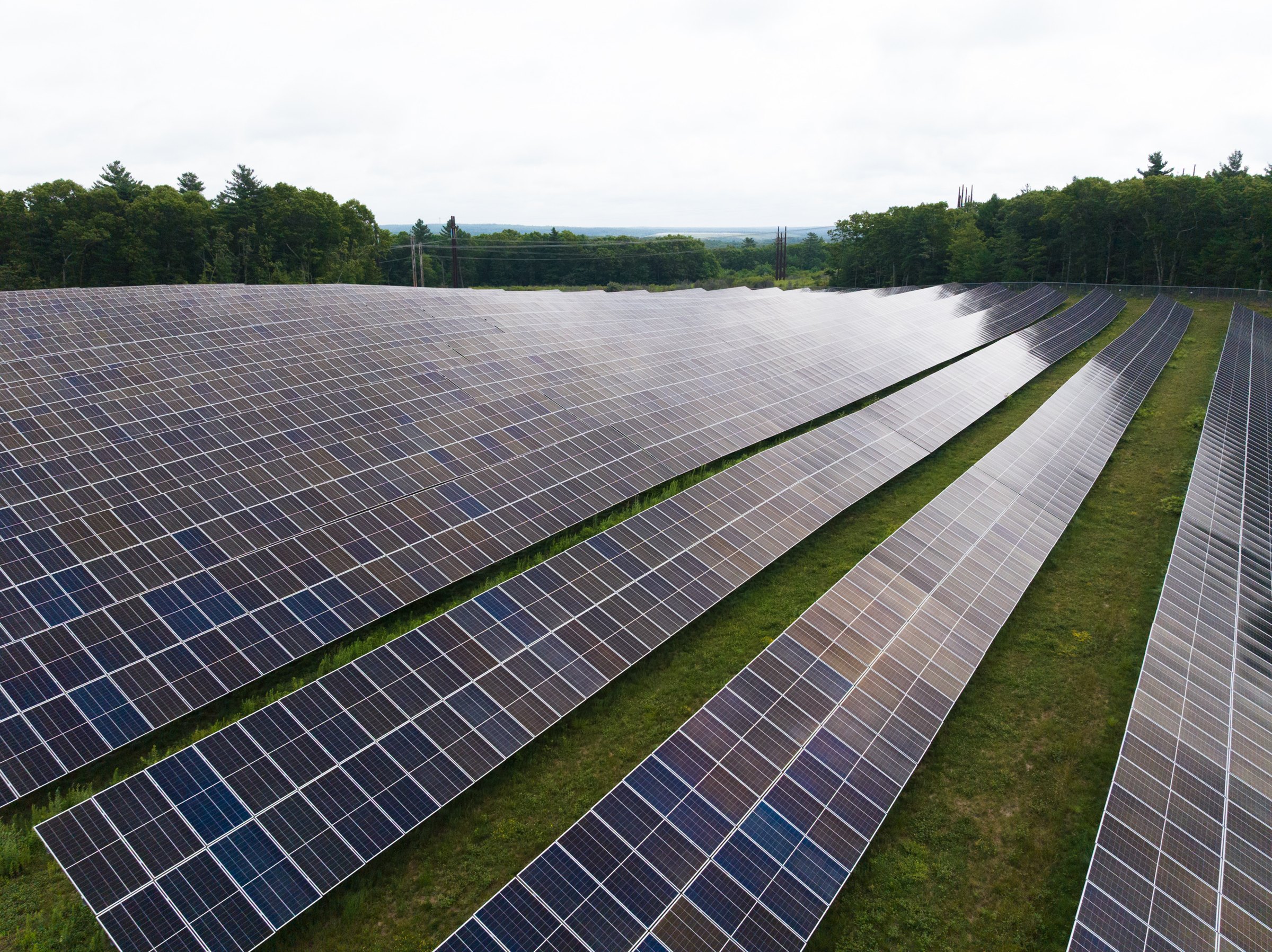 Aerial view of a ground-mounted solar array