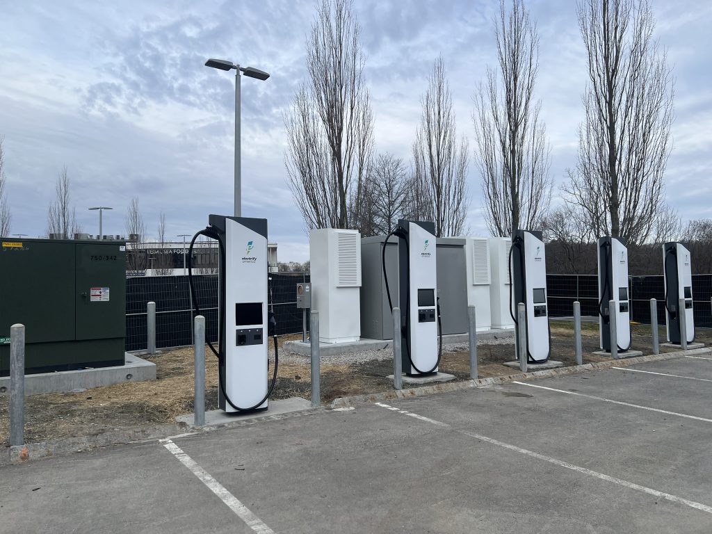 Public DC fast charging stations at The Street in Chestnut Hill, Massachusetts.