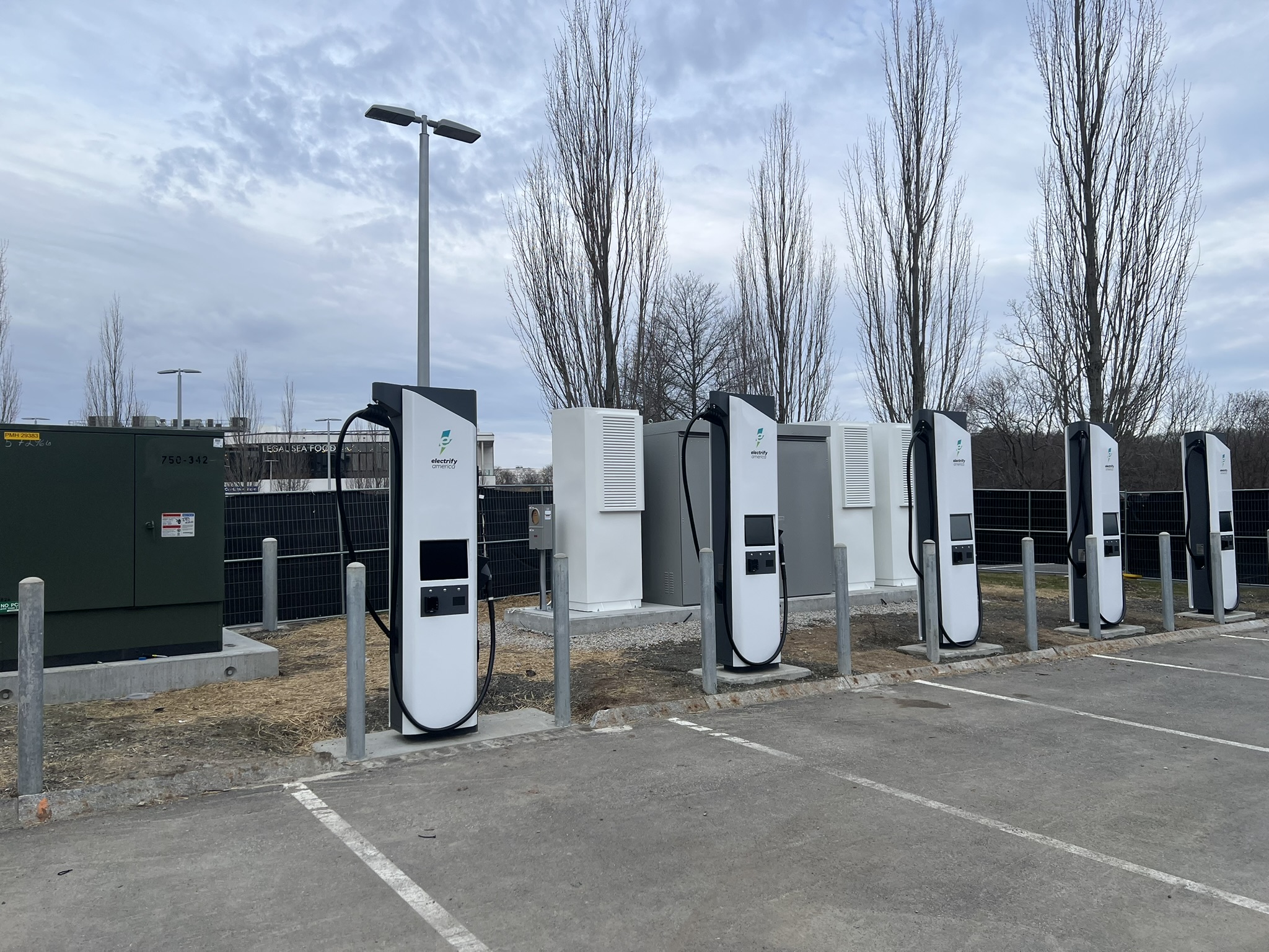 Public DC fast charging stations at The Street in Chestnut Hill, Massachusetts.